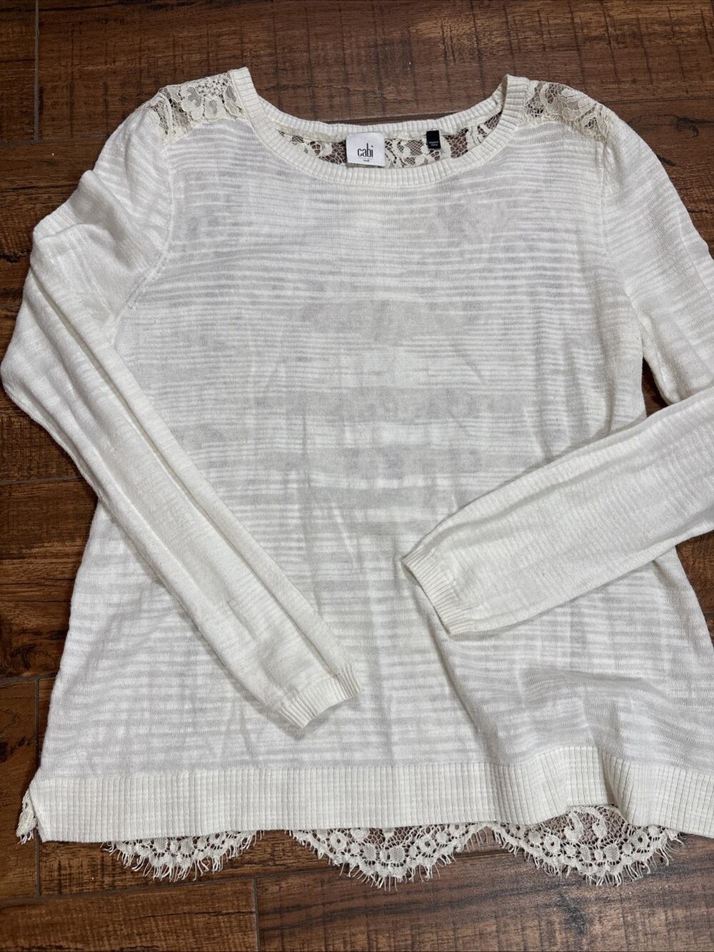 Cabi Womens Cream Lace Back Long Sleeve Knit Top Scalloped Hem Size M